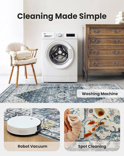AMADA HOMEFURNISHING 8x10 Washable Area Rug, Low-Profile with Non-Slip Backing & Durable Edge Binding, Vintage Large Rugs for Living Room, Bedroom, Dining Room, Blue