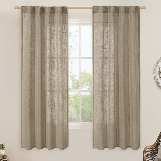 LAMIT Taupe Semi Sheer Window Linen Curtains 63 Inch Length, Light Filtering Panels Back Tab and Rod Pocket Country Decor Drapes for Bedroom/Living Room, 2 Panels, 34 x 63 Inch