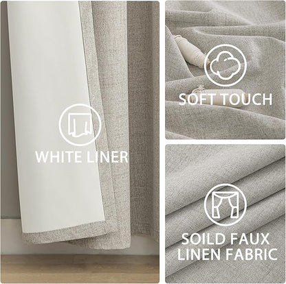 Yakamok Oatmeal Linen Curtains 100% Blackout 90 Inches Long,Room Darkening Textured Curtains for Living Room Thermal Grommet Bedroom Curtains 2 Panels with White Liner