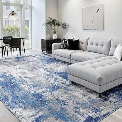 Washable Area Rugs Square 10ft Non-Slip Modern Abstract Soft for Living Room Entryway Bedroom Nursery, Print Pattern, Blue Grey Navy Gray