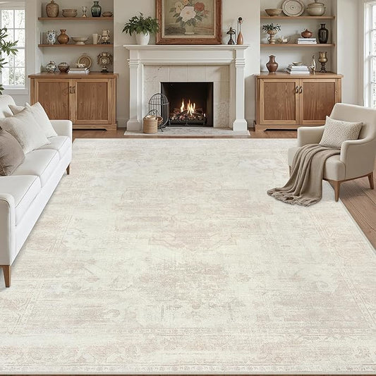 8x10 Area Rugs for Living Room: Vintage Boho Neutral Washable Rug Indoor Soft Large Area Rug Carpet for Bedroom Nursery Farmhouse Dining Room Office Floor Non-Slip Low Pile Under Table Rug Cream Beige