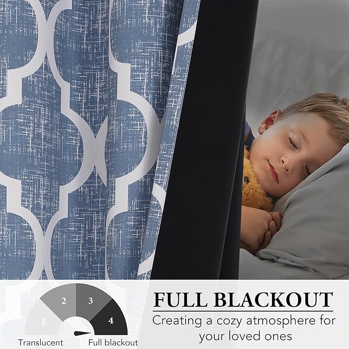 Beauoop 100% Blackout Curtains 96 Inches Long 2 Panels for Bedroom Living Room Blue Moroccan Geo Room Darkening Thermal Insulated Soundproof Grommet Top Window Treatments Drapes, 50x96 Set of 2