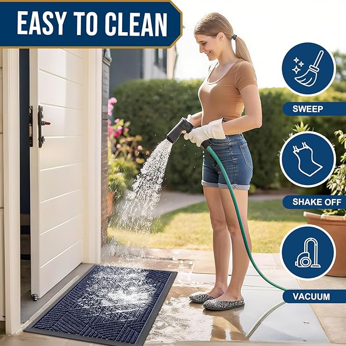 Smiry Front Door Mat Outside Entrance, Heavy Duty Sturdy Natural Rubber Doormat, Trap Dirt and Moisture, Easy Clean Low Profile Mats for Indoor Outdoor Entry, Irregular Triangle (71x47, Navy Blue)