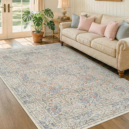 Beige Blue Living Room Rug 5x7, Cottage Area Rug for Bedroom, Vintage Washable Floral Mat for Nursery, Office, Low Pile Non Slip Stain Resistance French Country Style Retro Indoor (5x7 Beige Blue)