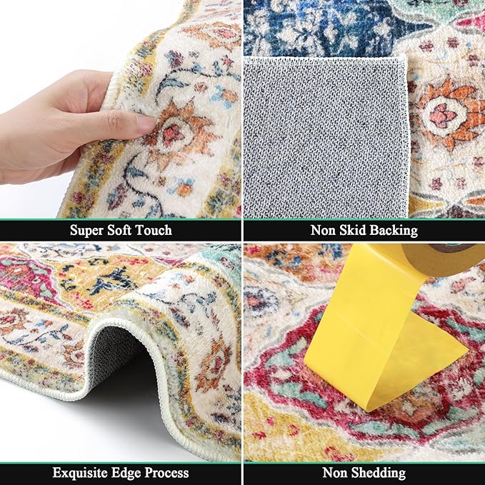 HEBE Washable Area Rug - 2'x3' Non Slip Soft Distressed Medallion Bedroom Boho Living Room Accent Throw Vintage Entry Floor Carpet for Dining Room Bathroom Entryway