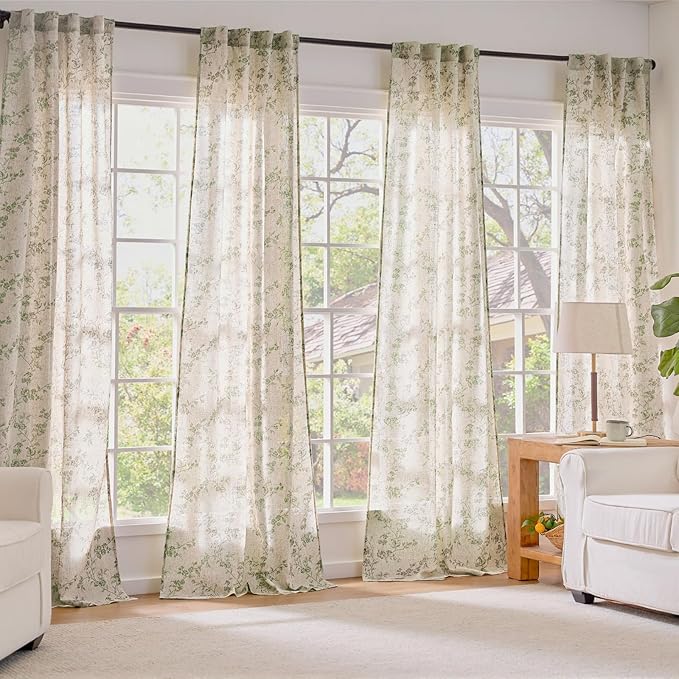 Lazzzy Green Floral Linen Curtains 84 Inch Farmhouse Back Tab Drapes for Living Room Bedroom Light Filtering Vintage Grandmillennial Rod Pocket Curtains, 2 Panels, W38 x L84, Green on Beige