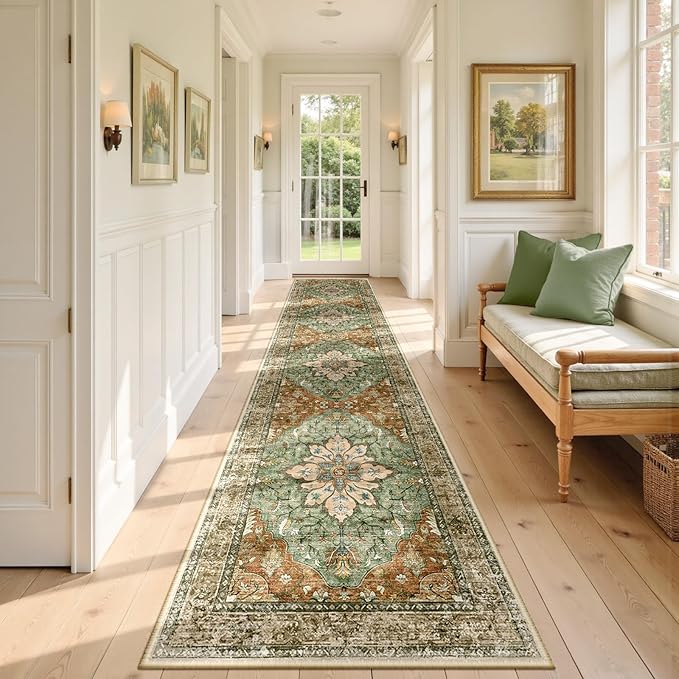 Area Rugs 3'x12' Runner Rug Non Slip Washable for Kitchen Hallway Bedroom Beside Laundry Room Bathroom Rug, Floor Carpet, Brick Red Rust Neutral Brown Burnt Orange Green