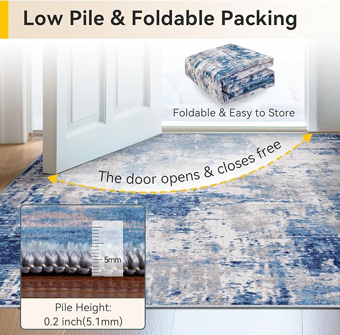 Washable Area Rugs 7x10 Non-Slip Modern Abstract Soft for Living Room Entryway Bedroom Nursery, Print Pattern, Blue Grey Navy Gray