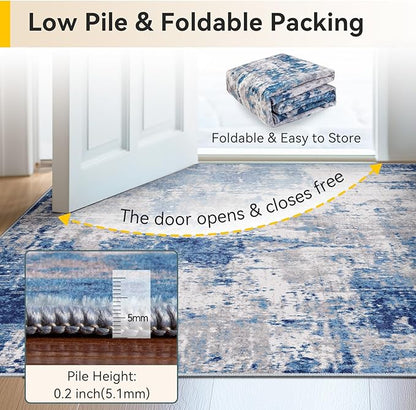Washable Area Rugs 3x9 Non-Slip Modern Abstract Soft for Living Room Entryway Bedroom Nursery, Print Pattern, Blue Grey Navy Gray