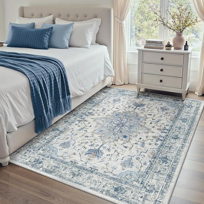 Area Rugs 4'x6' Washable Non-Slip, Floral Vintage Distress Print Pattern Medallion Carpet for Living Room Bedroom Dining Room, Light Blue Navy Beige Gray White
