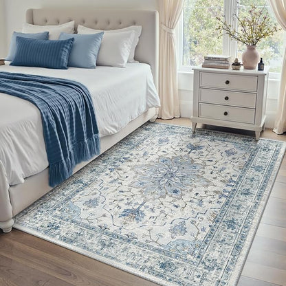 Area Rugs 4'x6' Washable Non-Slip, Floral Vintage Distress Print Pattern Medallion Carpet for Living Room Bedroom Dining Room, Light Blue Navy Beige Gray White