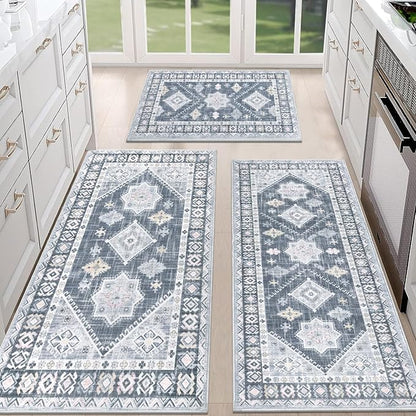 HEBE Boho Kitchen Rug Sets 3 Piece with Runner Non Slip Kitchen Rugs and Mats Washable Kitchen Mats for Floor Thick Kitchen Floor Mat Carpet Runner Rugs for Hallway Laundry Holiday Decor