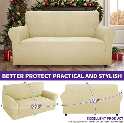 ZNSAYOTX Super Stretch Couch Cover Love Seat Sofa Covers for Living Room Dogs Pet Friendly Furniture Protector Spandex Loveseat Slipcovers with Anti Slip Foam Sticks (Beige, Medium)