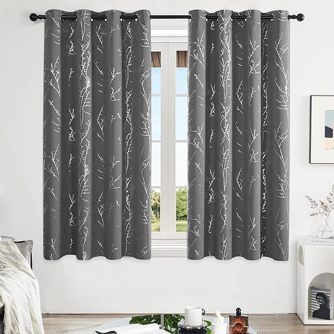 Deconovo Grey Blackout Curtains for Bedroom, Thermal Insulated Soundproof Drapes, Silver Branch Foil Print, 52 x 63 Inches Long, 2 Panels, Machine‑Washable Grommet Window Panel for Living Room Office