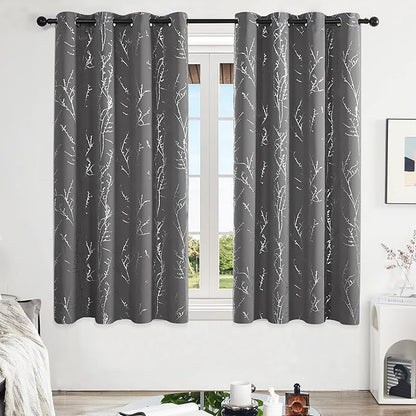 Deconovo Grey Blackout Curtains for Bedroom, Thermal Insulated Soundproof Drapes, Silver Branch Foil Print, 52 x 63 Inches Long, 2 Panels, Machine‑Washable Grommet Window Panel for Living Room Office