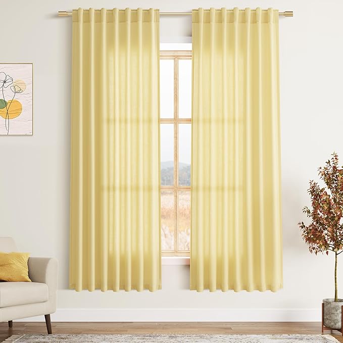 Nanspring Yellow Linen Semi Sheer Curtains 72 Inch Length for Living Room Back Tab Rod Pocket Modern Farmhouse Coastal Decor Cotton Textured Gauze Curtains 72 Inches Long for Dining Room Office 52x72