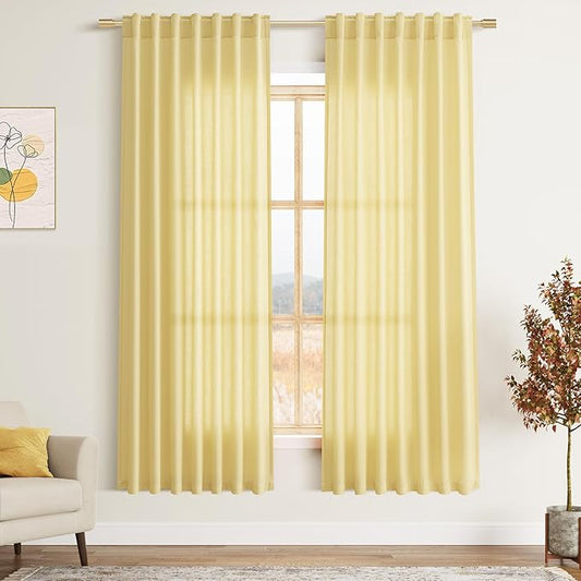 Nanspring Yellow Linen Semi Sheer Curtains 72 Inch Length for Living Room Back Tab Rod Pocket Modern Farmhouse Coastal Decor Cotton Textured Gauze Curtains 72 Inches Long for Dining Room Office 52x72