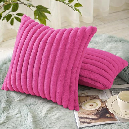 decorUhome Summer Cozy Faux Fur Throw Pillow Covers 26x26 Set of 2 Decorative Soft Plush Striped Modern Farmhouse Boho Couch Euro Sham Pillow Cases with Velvet Back for Sofa Bed Living Room, Hot Pink