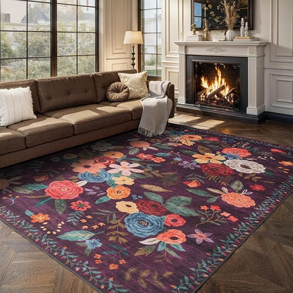 Area Rugs 10x14 Living Room, Non Slip Machine Washable Floral Rugs, Low Pile Lightweight Large Rug for Bedroom, Dining Room, Home Office(10 x 14, Purple)
