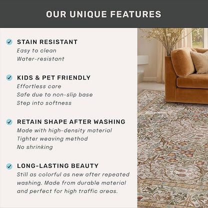 2x8 Moss Green Washable Bathroom Runner Rug - Non Slip Floral Rugs for Entryway Indoor, Kitchen - Vintage Floral Design Orenital Home Décor, Stain Resistant Carpet