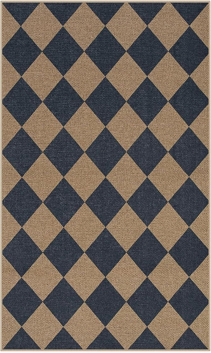 Lahome Colette Checkered Easy Jute Entryway Rug, 3x5 Washable Area Rugs for Living Room Outdoor Patio, Non Slip Blue Indoor Door Mat Checkerboard Throw Carpet for Entry Front Door Guestroom Deck