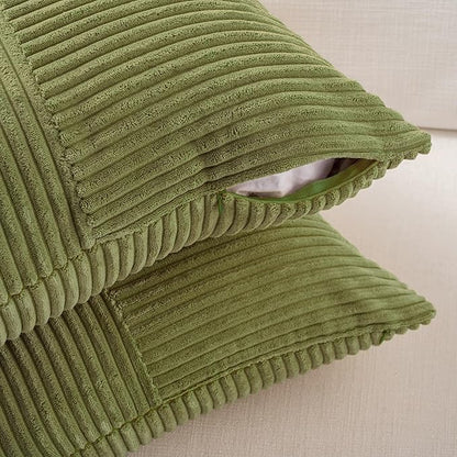 Fancy Homi 2 Packs Moss Green Lumbar Decorative Throw Pillow Covers 14x22 Inch for Living Room Couch Bed, Rustic Farmhouse Boho Home Decor, Soft Striped Corduroy Rectangle Accent Cushion Case 35x55 cm
