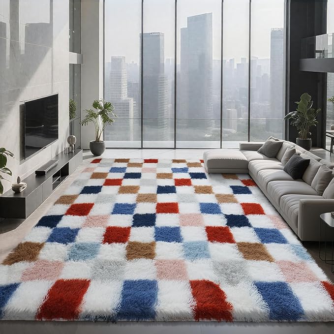 Shag Area Rug for Bedroom Living Room,6x9 Fluffy Soft Colorful Checkered Rug Fuzzy Shaggy Bedroom Carpet,Indoor Plush Floor Rugs for Kids Boys Girls Teen Dorm Nursery Home Decor