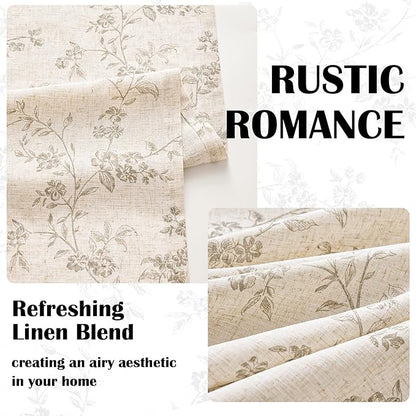Lazzzy Grey Floral Linen Curtains 84 Inch Farmhouse Back Tab Drapes for Living Room Bedroom Light Filtering Vintage Grandmillennial Rod Pocket Curtains, 2 Panels, W38 x L84, Grey on Beige