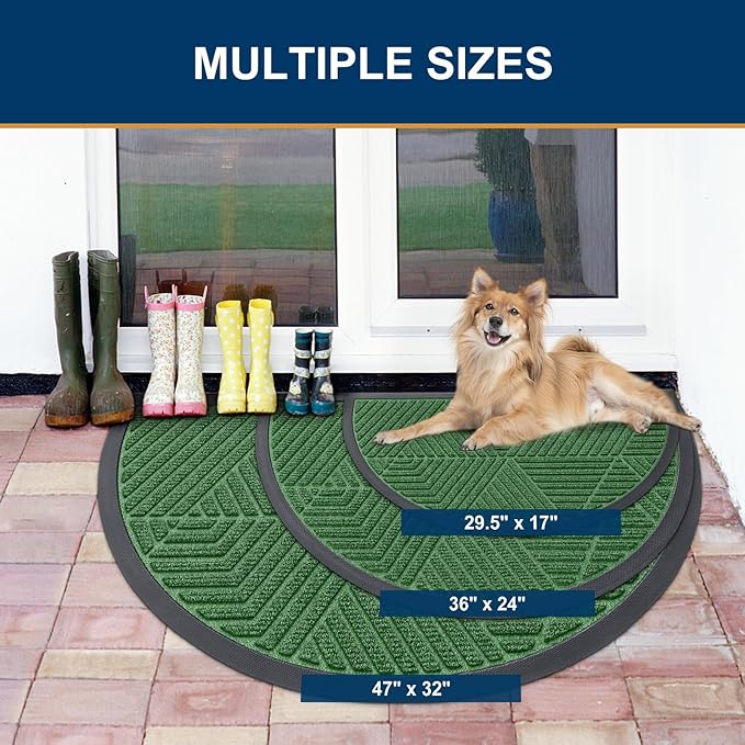 Smiry Half Circle Front Door Mat Outside Entrance, Heavy Duty Sturdy Natural Rubber Doormat, Trap Dirt and Moisture, Low Profile Mats for Indoor Outdoor Entry, Irregular Triangle (35x23, Green)