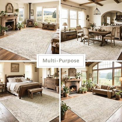 Washable Rugs 8x10 Area Rugs for Living Room,Bedroom,Dining Room- Large Ultra Soft Faux Wool Retro Carpet,Non Slip&Non-Shedding Low Pile Morocco Rug for Home Office Dorm Decor(Camel-Blue-Orange)