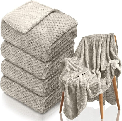 4 Pack Fleece Throw Blankets 50x60 Inches - 270 GSM Ultra Soft Plush Flannel for Bed Couch Sofa, Lightweight Warm 3D Waffle Texture, No Shedding No Pilling All Season Throw (Light Beige)