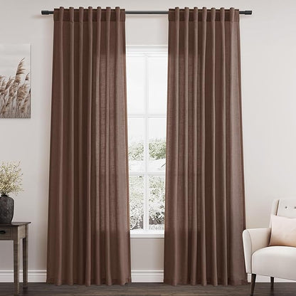 Mocha Mousse Curtains 84 Inch Length 2 Panels Set Back Tab Rod Pocke tLinen Blend Light Filtering Semi Sheer Textured for Neutral Farmhouse Living Room and Bedroom Decor 52x84