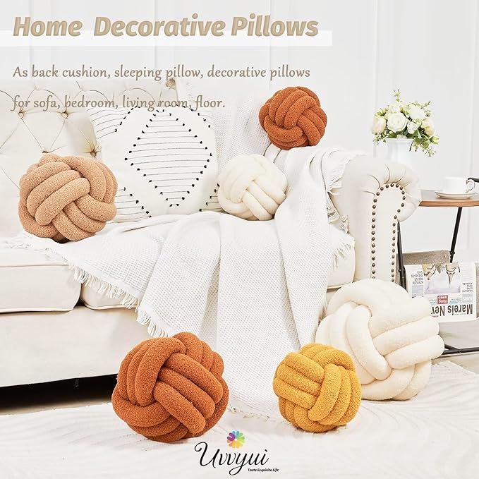 Uvvyui Knot Pillow Ball, Soft Home Decorative Pillows, Round Throw Pillow, Handmade Knotted Plush Pillow, Round Boucle Pillow Cushion (11 Inches Light Grey)