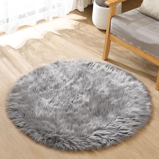 ORINOVA Silver Grey Furry Faux Sheepskin Shag Fur Rugs for Living Room Small Plush Circle Washable Area Rugs for Cute Room Nursery Decor Round Rug 3ft