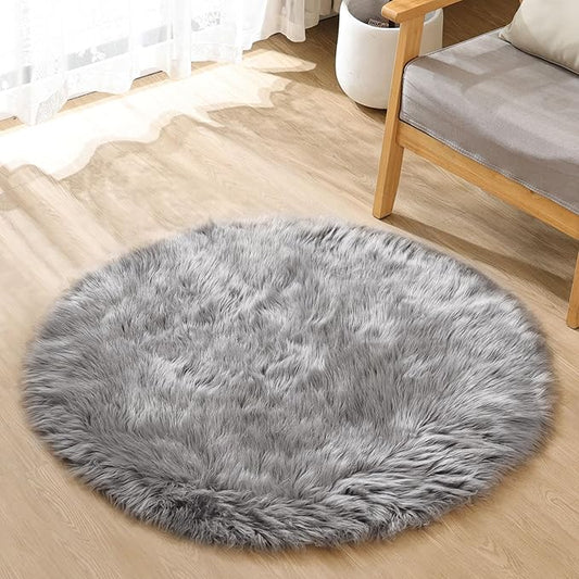 ORINOVA Silver Grey Furry Faux Sheepskin Shag Fur Rugs for Living Room Small Plush Circle Washable Area Rugs for Cute Room Nursery Decor Round Rug 3ft