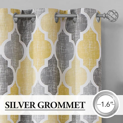 Beauoop 100% Blackout Curtains 72 Inches Long 2 Panels for Bedroom Living Room Yellow Grey Moroccan Geo Room Darkening Thermal Insulated Soundproof Grommet Top Window Treatments Drapes, 50x72 Set of 2