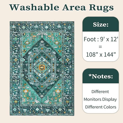 SERISSA Washable Rugs 9x12 Area Rugs, Large Non-Slip Boho Living Room Teal Rug, Ultra Soft Vintage Print Distressed Oriental Tribal Farmhouse Carpet for Dining Room Bedroom Dorm Office Home Decor