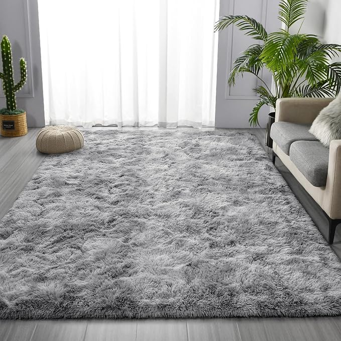 Deerhoo Shag Area Rug, 4 X 6 Tie-Dyed Plush Fuzzy Rugs for Living Room, Ultra Soft Fluffy Furry Rug for Bedroom, Indoor Carpet Nursery Rugs for Kids Room Home Decor, Light Grey