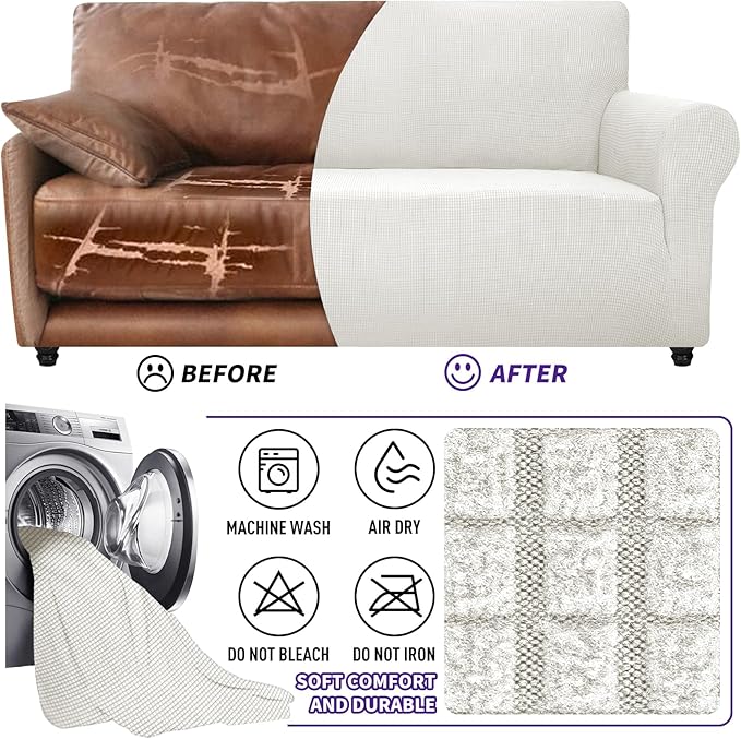 ZNSAYOTX Super Stretch Couch Cover (72"-92") Universal Sofa Covers with Elastic Bottom, Dog Cat Pets Friendly Washable Furniture Protector Fitted Sofa Slipcovers Stay in Place (White, Sofa)