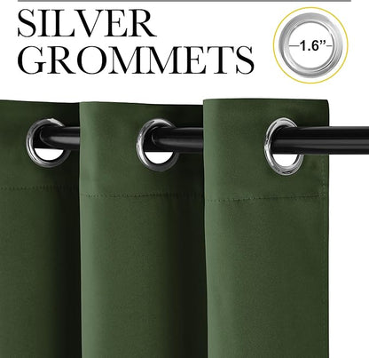 NICETOWN Dark Green Blackout Cafe Satin Curtains for Small Windows, 42" Wide by 63" Long, 2 Panels, Grommet Noise Reducing Faux Silk Blackout Drapes for Dining Room