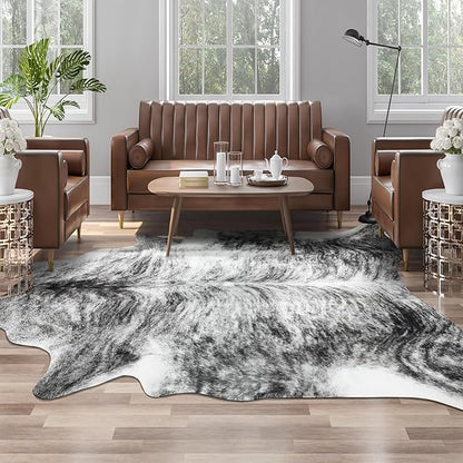 AROGAN 8×10 Feet Western Decor Faux Fur Cowhide Rug, Premium Animal Skin Cow Hide Rug, Sturdy Cow Print Rugs for Wall Decor, Western Floor Carpet for Bedroom Living Room, Black and Grey