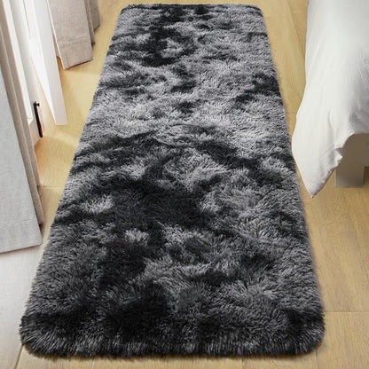 Tepook Fluffy Runner Rugs for Bedroom Aesthetic 2x6 Feet, Shag Soft Bedside Rug with Non-Slip Bottom, Fuzzy Plush Carpet for Room, Hallway Rug for Nursery Dorm Indoor Home Decor, Tie-dye Dark Grey