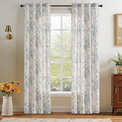 jinchan Linen Floral Curtains 84 Inch Length for Living Room Bedroom Light Filtering Farmhouse Peony Flower Drapes Rustic Window Curtain Set Rod Pocket Back Tab 2 Panels Blue