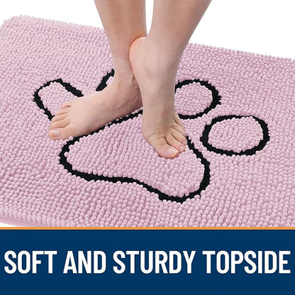 OLANLY Dog Door Mat for Muddy Paws 36x24, Paw Print Design, Absorbs Moisture and Dirt, Non-Slip Washable Doormat, Quick Dry Chenille Mud Mat for Dogs, Entry Indoor Entryway Carpet, Dusty Rose