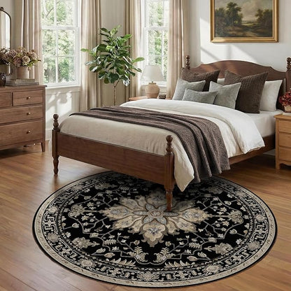 Area Rugs 7ft Washable Non-Slip, Floral Vintage Distress Print Pattern Medallion Carpet for Living Room Bedroom Dining Room, Black Brown Neutral Dark Tan