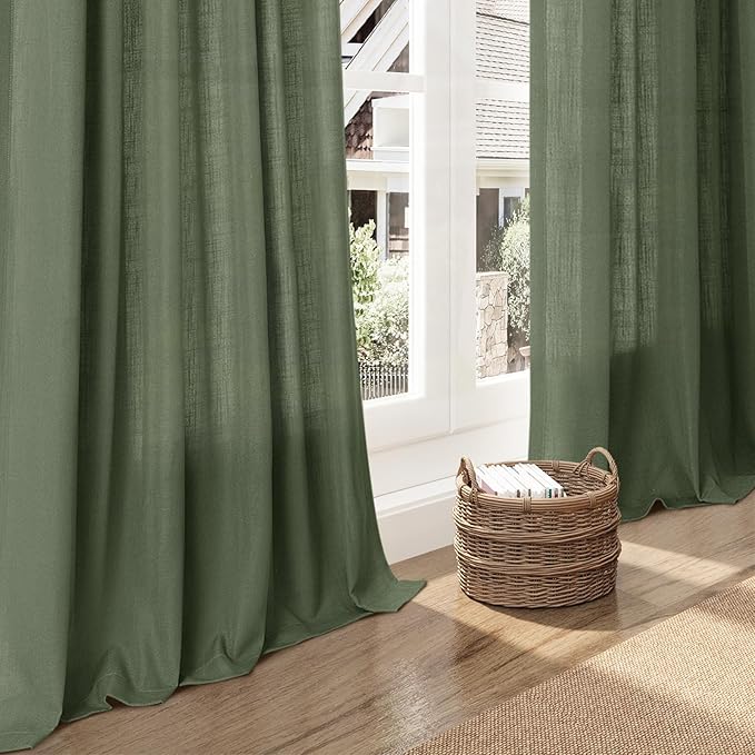 Nanspring Forest Green Linen Curtains 96 Inches Long for Living Room Light Filtering Semi Sheer Curtain Back Tab and Rod Pocket Wabi Sabi Boho Decor Drapes for Bedroom Office 52x96, 2 Panels