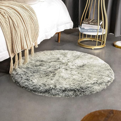 Ashler HOME DECO Soft Fox Faux Fur Chair Couch Cover Area Rug for Bedroom Floor Sofa Living Room Green White 3 x 3 Feet Round