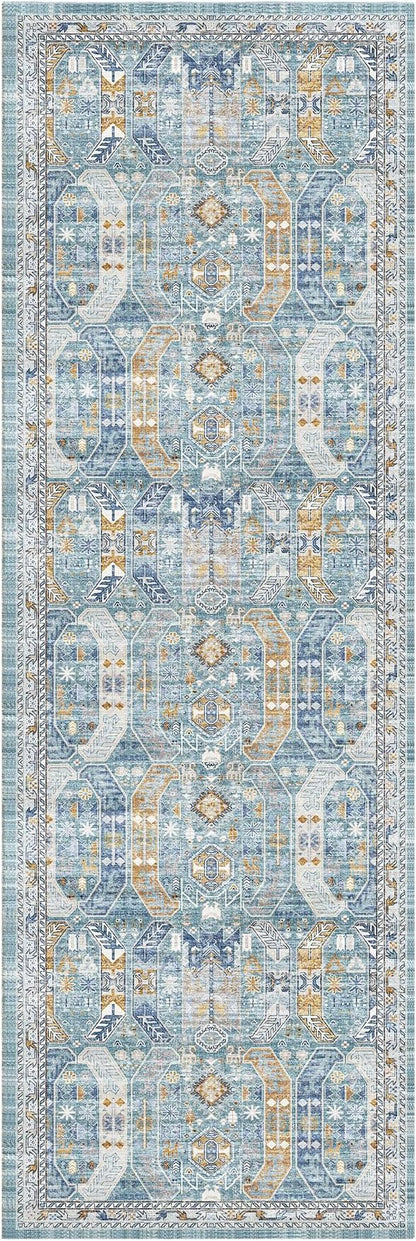 Madane Runner Rug 2'6''x8' Kitchen Runner, Hallway Runner Printed Vintage Washable Rugs Soft Non-Slip Low Pile Runners for Hallways Laundry Room Distressed Carpet, Blue/Gold