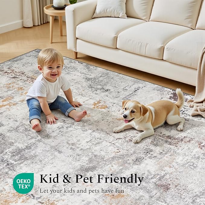 Rugflix 8x10 Area Rugs for Living Room, Washable Large Rug Stain-Resistant Low Pile, Modern Neutral Carpet for Dining Room Home Office Kid Room Nursery Bedroom, Grey Brown