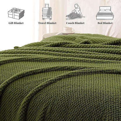 Whale Flotilla Queen Size Fuzzy Fleece Blanket, Fluffy Warm Soft Jacquard Bed Blankets for All Season, Lightweight and Cozy, 90x90 Inch, Olive
